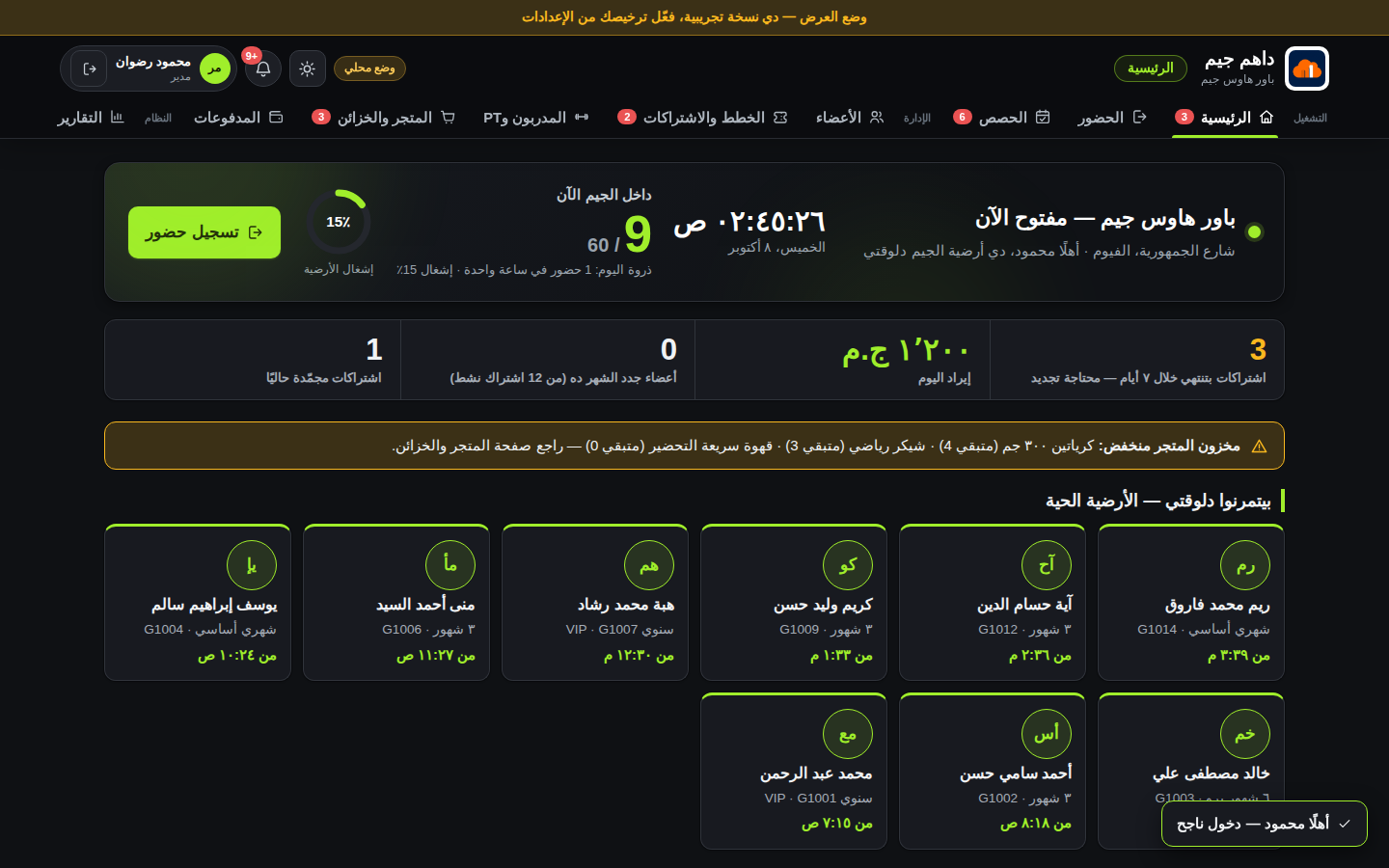 لوحة تحكم داهم جيم — حالة الجيم والحضور والاشتراكات